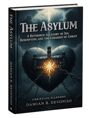 The book cover for "The Asylum" shows a dark building encased in a heart, bound by chains under a stormy sky. A glowing cross is above, suggesting redemption.